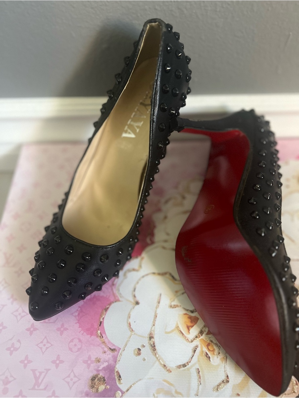 Black Studded Pointed-Toe Pumps with Red Sole red bottoms